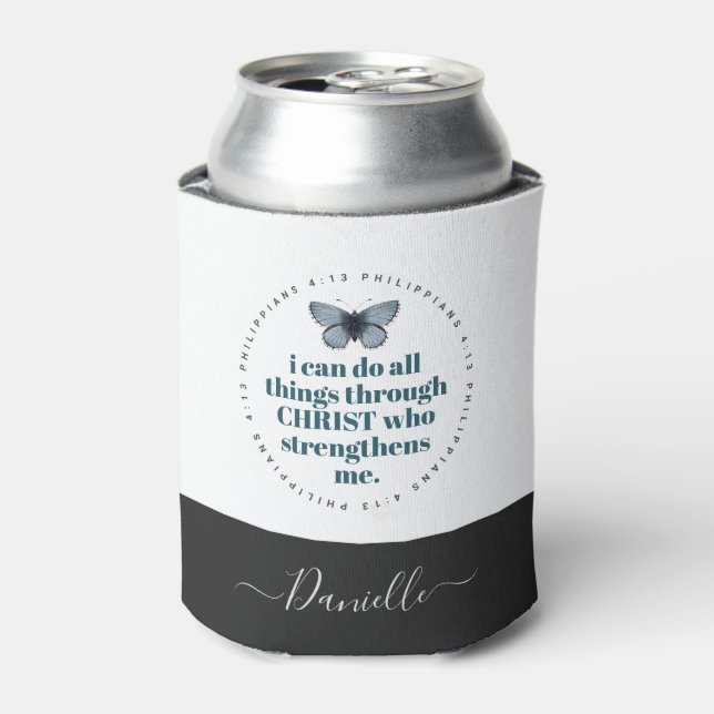Chic Bible Verse Philippians Blue Butterfly Name Can Cooler (Can Front)