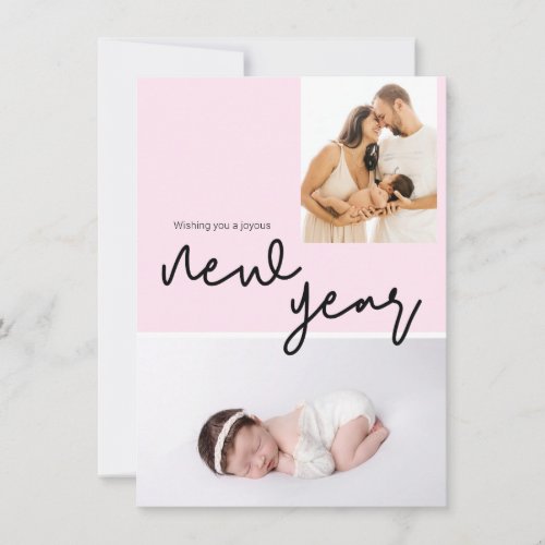 Chic Birth Photo Happy Baby Girl New Year Pink Holiday Card