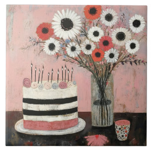 Chic Birthday Cake and Gerbera Blooms Ceramic Tile