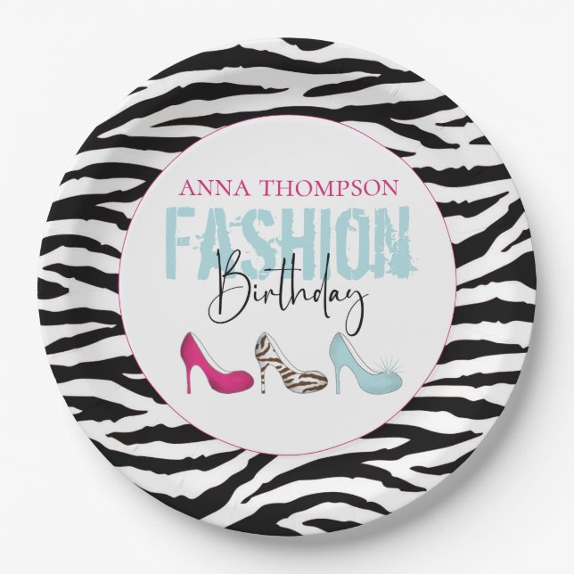 Chic Birthday Girly High Heel Shoes Animal Print Paper Plates (Front)