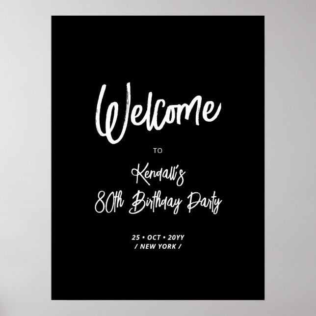 Chic Black 80th Birthday Party Welcome Sign  (Front)