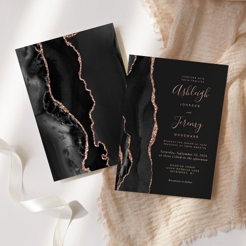 Chic Black Agate Rose Gold Dark Wedding Invitation