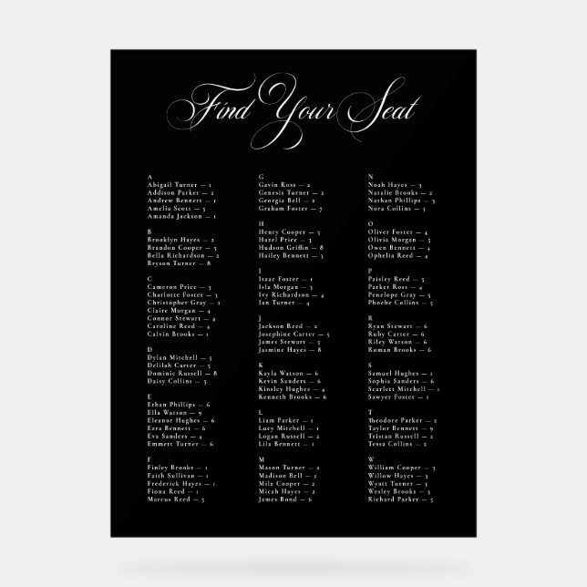 Chic Black Alphabetical Wedding Seating Chart (Front)