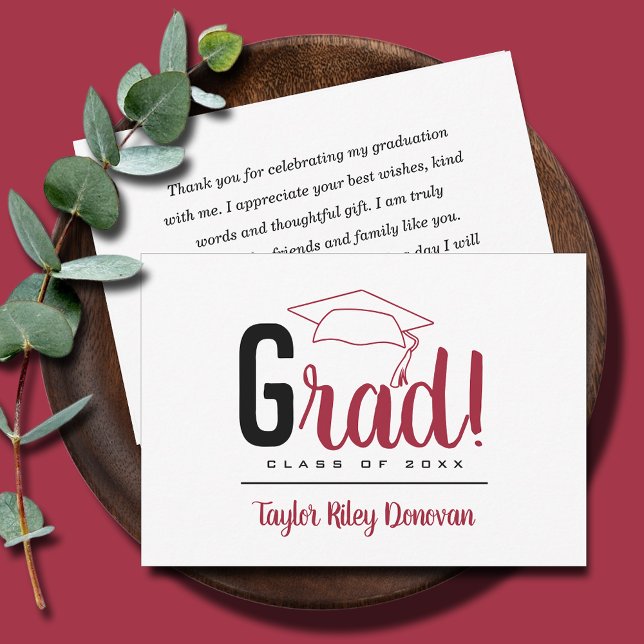 Chic Black and Crimson Red Grad Cap Graduation Note Card (3.5" x 5" black and crimson red Grad and graduation cap flat note cards, your message on the back)