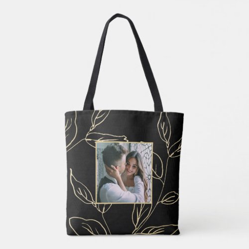 Chic Black and Faux Gold Botanical with Photo Tote Bag