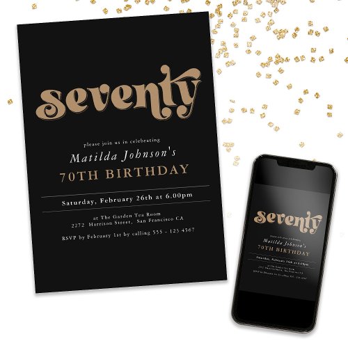 Chic Black and Gold 70th Birthday Party Invitation