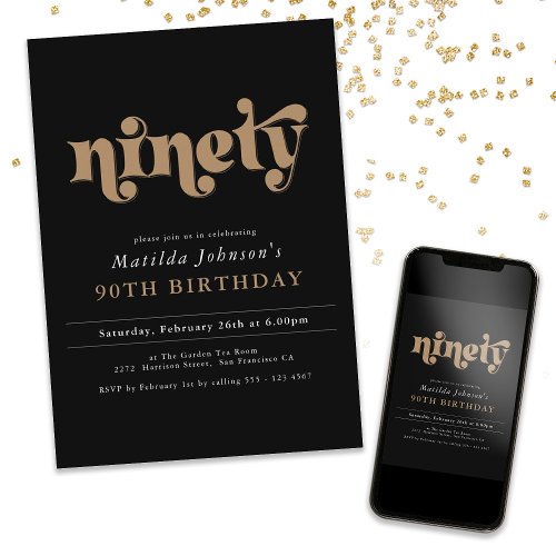 Chic Black and Gold 90th Birthday Party Invitation