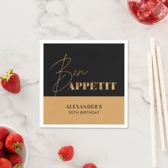 Chic Black and Gold Bon Appétit Script Birthday  Napkins (Insitu)