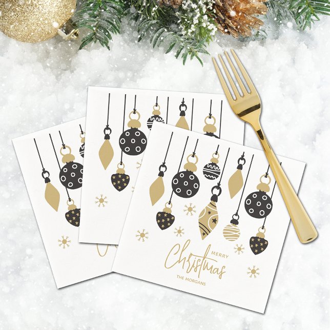 Chic Black and Gold Christmas Ornaments Napkins (Chic Merry Christmas tree ornaments on personalized cocktail napkins)