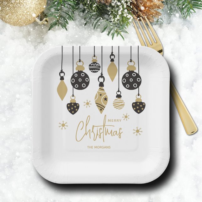 Chic Black and Gold Christmas Ornaments Paper Plates (Chic black and gold Christmas tree ornaments square paper plates)