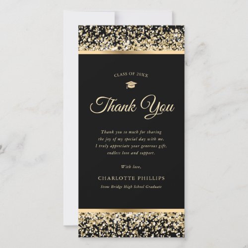 Chic Black and Gold Confetti Photo Graduation Thank You Card