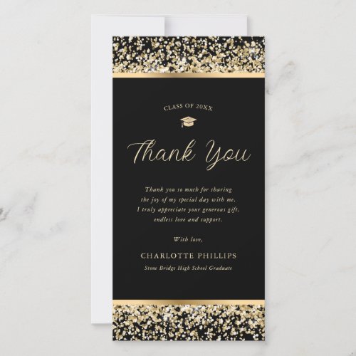 Chic Black and Gold Confetti Photo Graduation Thank You Card