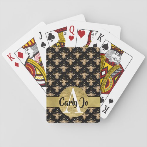 Chic Black and Gold Diamond Bee Monogrammed Poker Cards