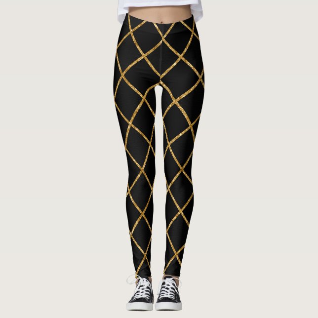 Chic Black and Gold Diamond Pattern Leggings (Front)
