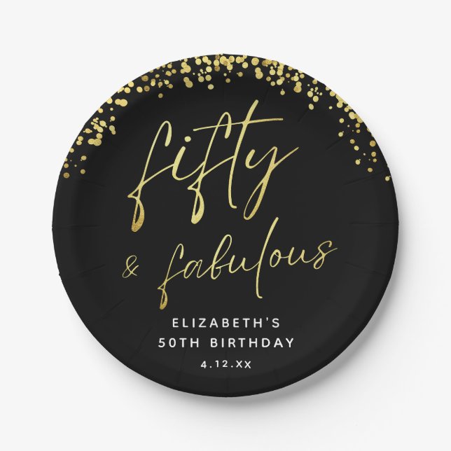 Chic Black and Gold Fifty and Fabulous Birthday Paper Plates (Front)