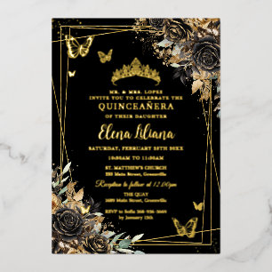 Chic Black and Gold Floral Butterflies Quinceañera Foil Invitation