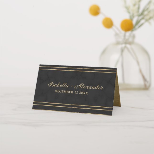 Chic Black and Gold Foil Personized Place Card (Back)