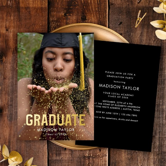 Chic Black and Gold Foil Photo Graduation Party Foil Invitation (Creator Uploaded)