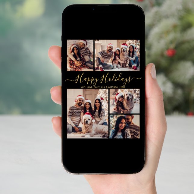 Chic Black and Gold Happy Holidays Script 5 Photo Holiday Card (Front Digital)