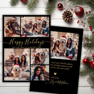 Chic Black and Gold Happy Holidays Script 5 Photo Holiday Card