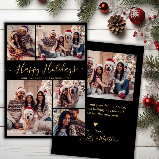 Chic Black and Gold Happy Holidays Script 5 Photo Holiday Card (Creator Uploaded)