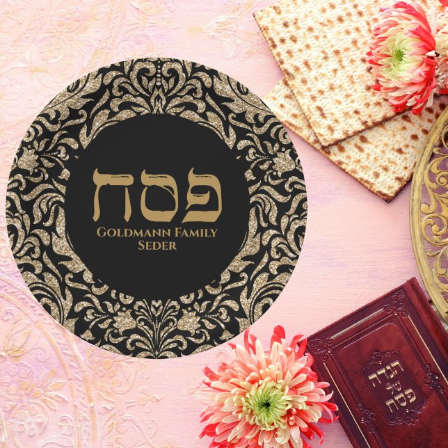 Chic Black and Gold Hebrew Pesach Passover  Paper Plates (Creator Uploaded)