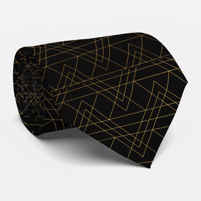 Chic Black and Gold Line Patterned Neck Tie (Rolled)