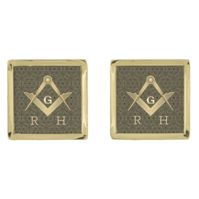 Chic Black and Gold Masonic Monogrammed Cufflinks (Front)
