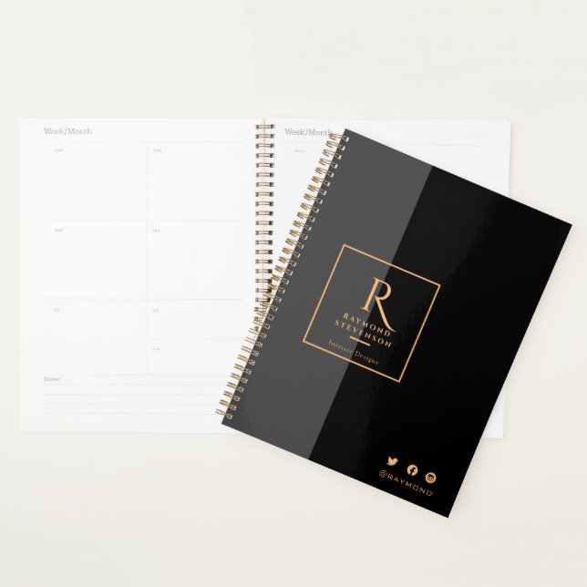 Chic Black and Gold Monogrammed Planner (Display)