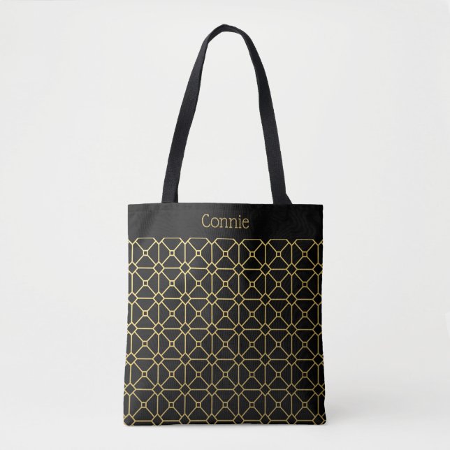 Chic Black and Gold Pattern Personalized Tote Bag (Front)