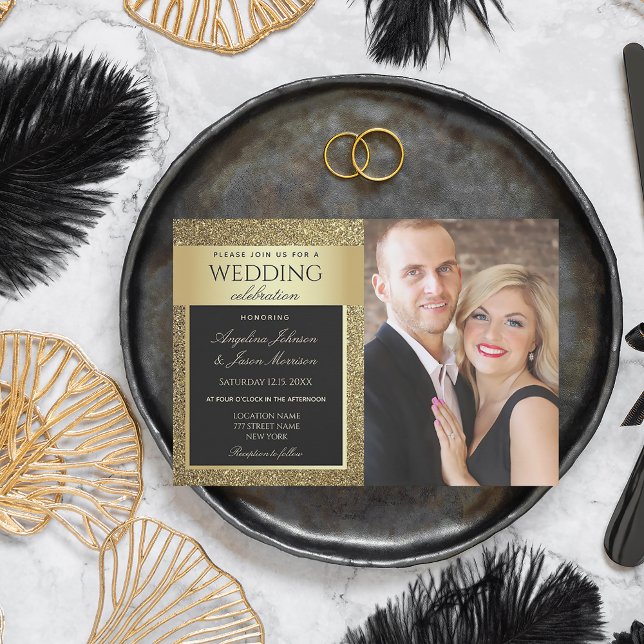 Chic Black and Gold Photo Wedding Invitation (Creator Uploaded)