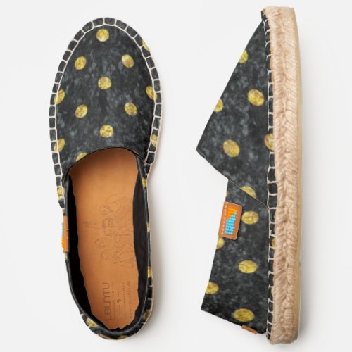 Chic black and gold polka dot faux glitter espadrilles