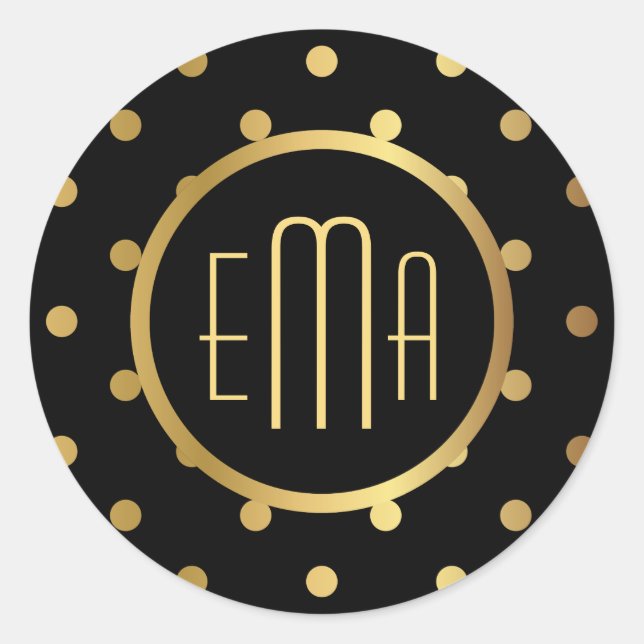 Chic Black and Gold Polka Dots with Monogram Classic Round Sticker (Front)