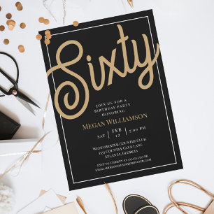 Chic Black and Gold Script 60th Birthday Invitation
