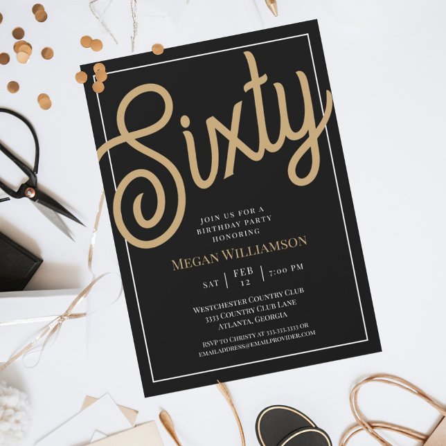 Chic Black and Gold Script 60th Birthday Invitation (Creator Uploaded)