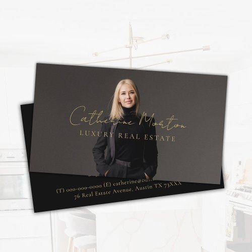 Chic Black and Gold Script Luxury Real Estate  Business Card