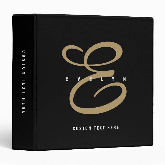 Chic Black and Gold Script Monogram 3 Ring Binder (Front/Spine)