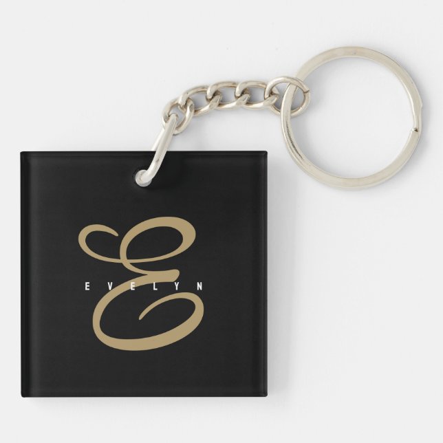 Chic Black and Gold Script Monogram Keychain (Back)