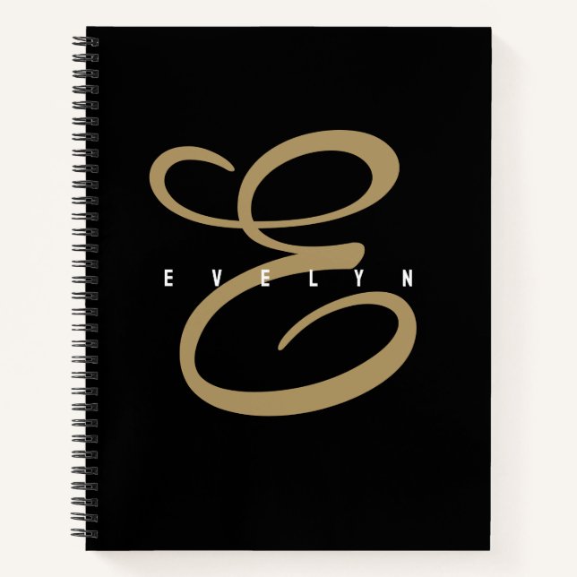 Chic Black and Gold Script Monogram Notebook (Front)