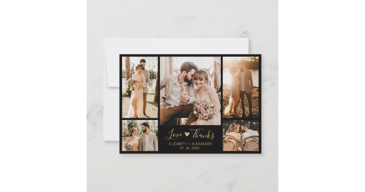 Chic Black and Gold Script Photo Collage Wedding Thank You Card | Zazzle