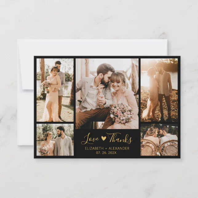 Chic Black and Gold Script Photo Collage Wedding Thank You Card | Zazzle