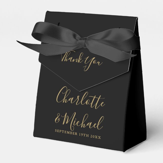 Chic Black And Gold Script Wedding Thank You Favor Boxes (Front Side)