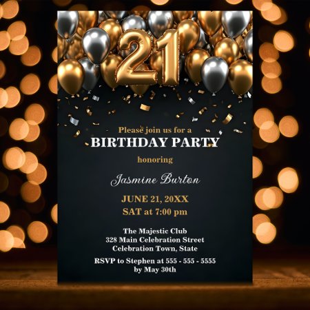 Chic Black and Gold Silver Balloon 21st Birthday