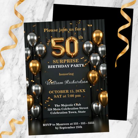 Chic Black and Gold Silver Balloon 50th Birthday