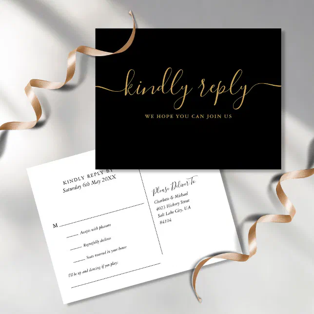 Chic Black and Gold Song Request RSVP Postcard Zazzle