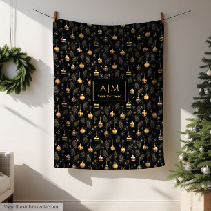 Chic black and gold watercolor monogram holiday fleece blanket