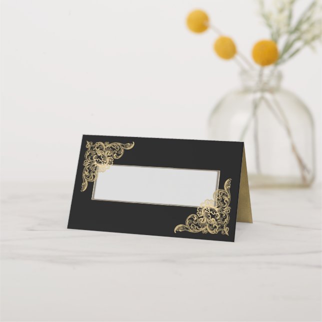 Chic Black and Gold Wedding Folded Place Card (Front)