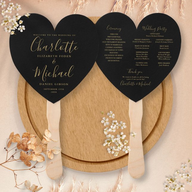Chic Black And Gold Wedding Program Hand Fan (Creator Uploaded)