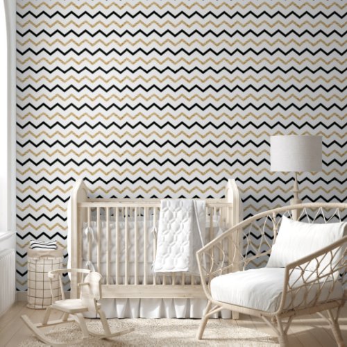 Chic Black and Gold Zigzag Line Patterns Wallpaper