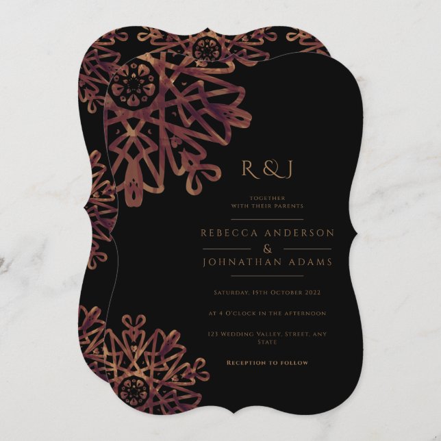 Chic Black and Golden Ornamental Pattern Wedding Invitation (Front/Back)